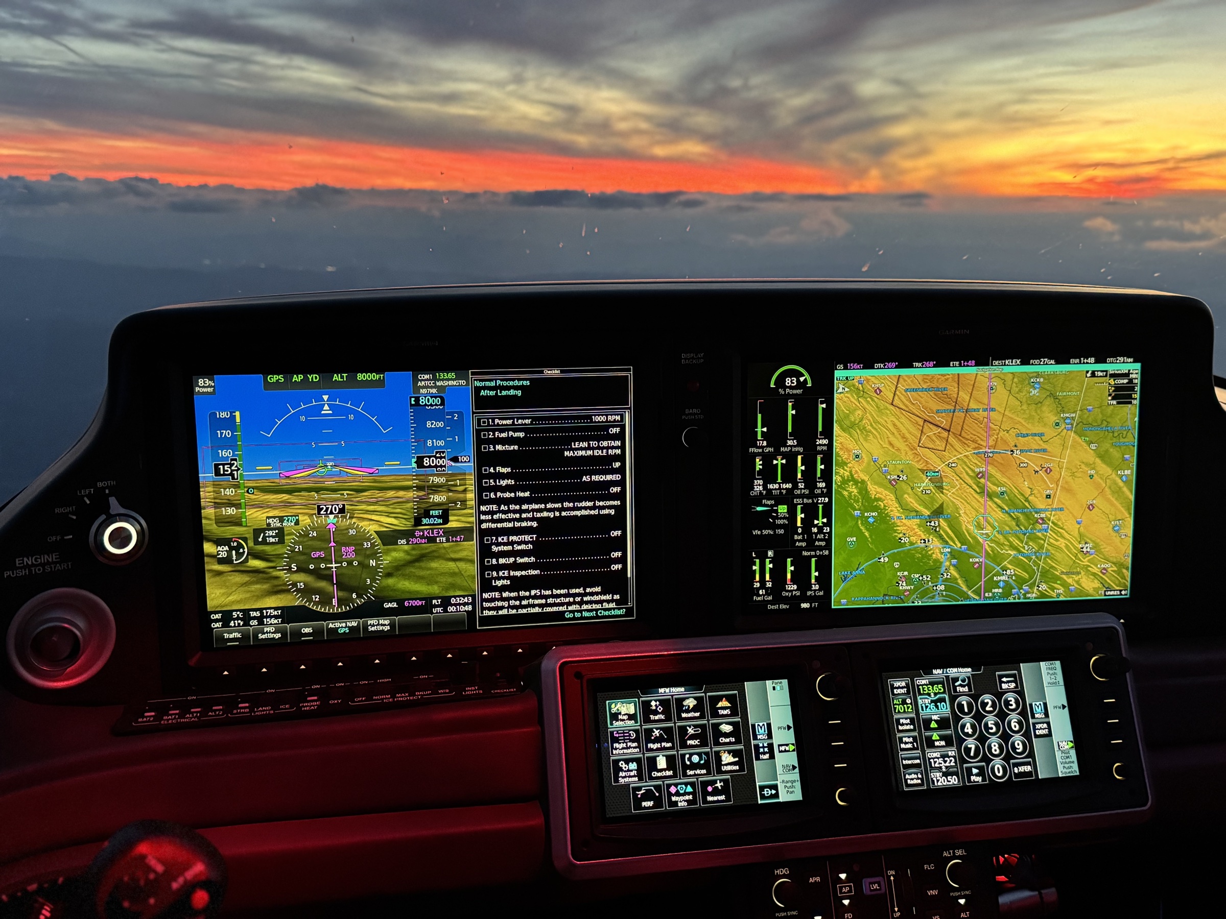 Cirrus cockpit panel at sunset